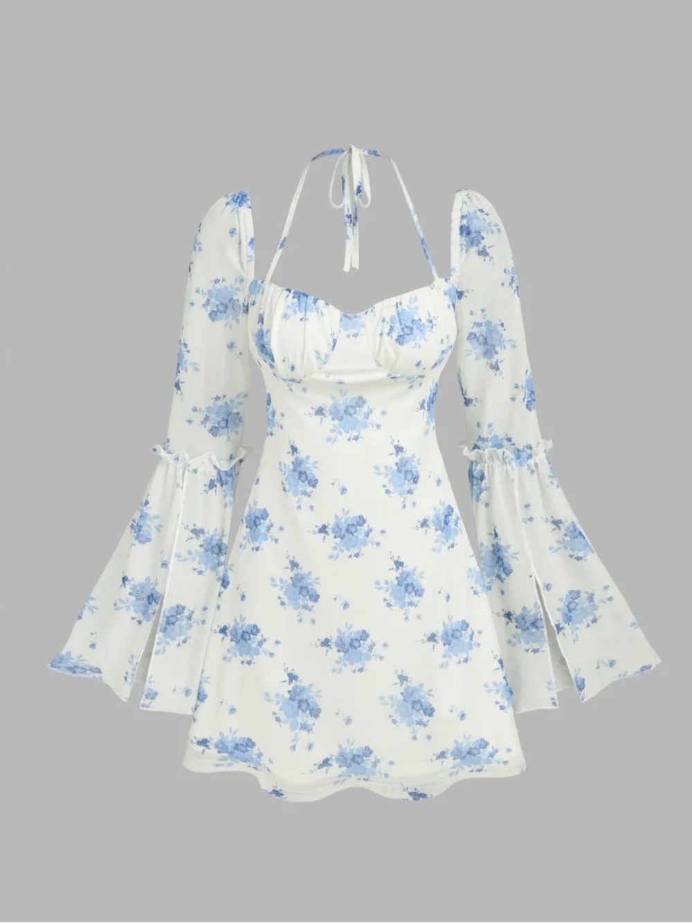 CIDER Blue Floral Halter Mini Dress with Bell Sleeves